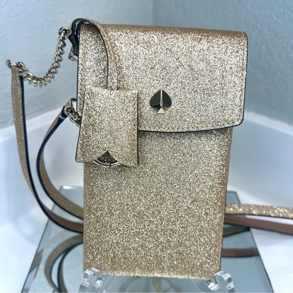 Kate Spade Glitter North South Flap Phone Crossbody, Gold.  New without Tags